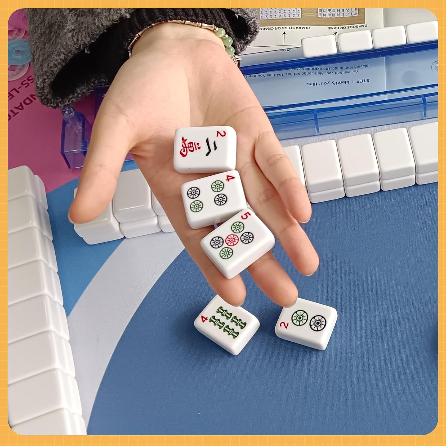 Mahjong Tile Set, American Mahjong Set with Floral Quilted Carrying Bag, 166 White Tiles, 4 All-in-one Mahjong Racks and Pushers, Dice etc Accessories for Beginners (Floral)