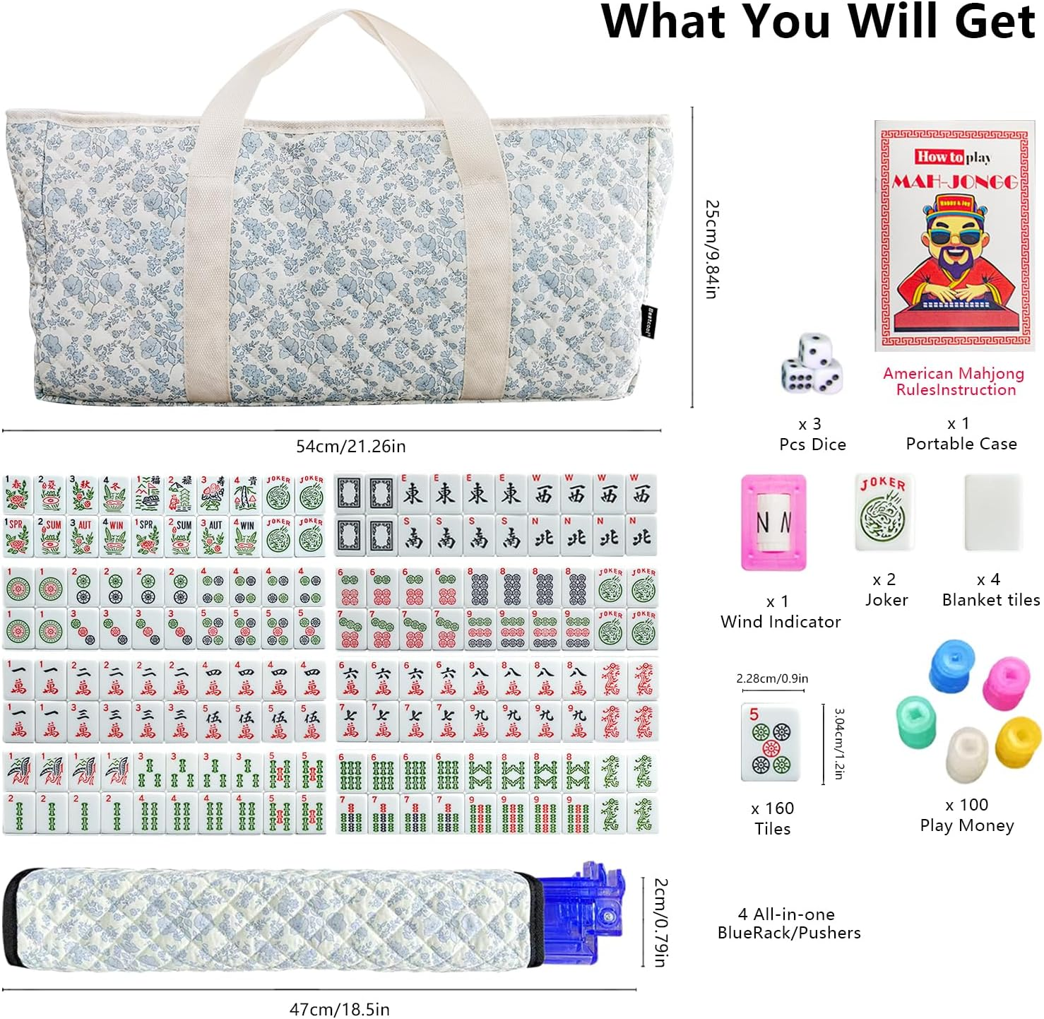 Mahjong Tile Set, American Mahjong Set with Floral Quilted Carrying Bag, 166 White Tiles, 4 All-in-one Mahjong Racks and Pushers, Dice etc Accessories for Beginners (Floral)