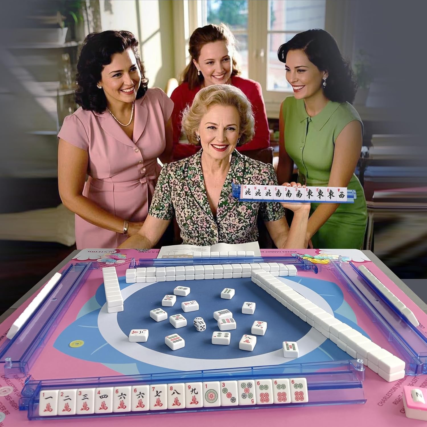 Mahjong Tile Set, American Mahjong Set with Floral Quilted Carrying Bag, 166 White Tiles, 4 All-in-one Mahjong Racks and Pushers, Dice etc Accessories for Beginners (Floral)