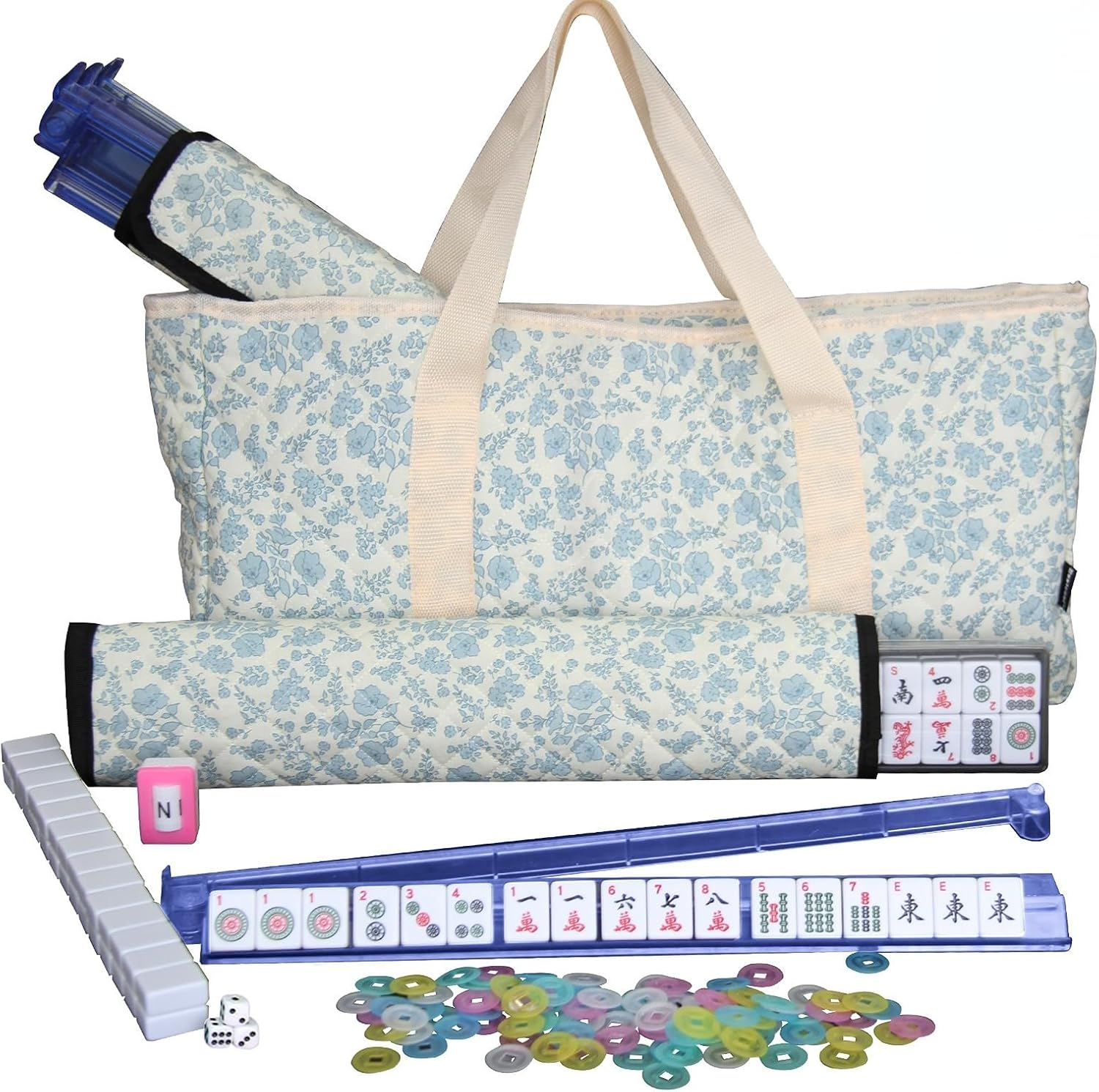 Mahjong Tile Set, American Mahjong Set with Floral Quilted Carrying Bag, 166 White Tiles, 4 All-in-one Mahjong Racks and Pushers, Dice etc Accessories for Beginners (Floral)