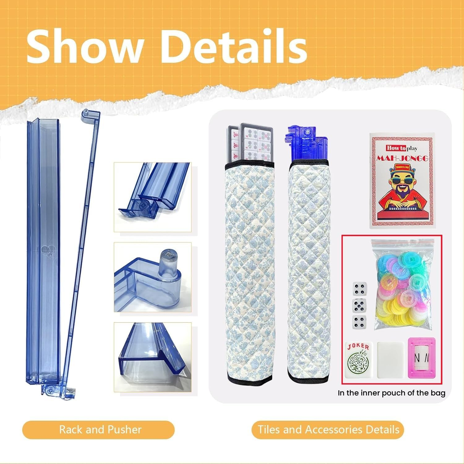 Mahjong Tile Set, American Mahjong Set with Floral Quilted Carrying Bag, 166 White Tiles, 4 All-in-one Mahjong Racks and Pushers, Dice etc Accessories for Beginners (Floral)