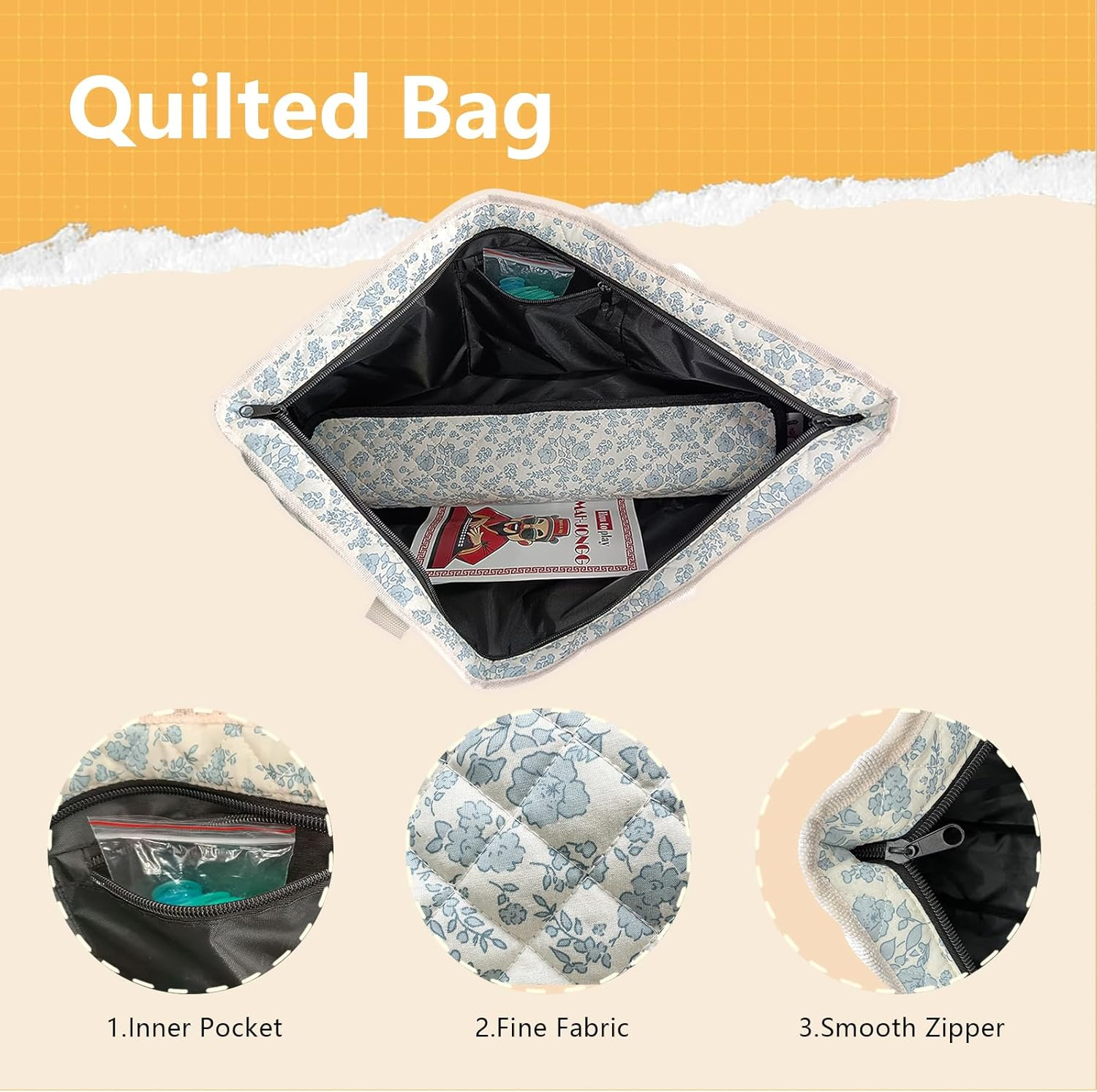 Mahjong Tile Set, American Mahjong Set with Floral Quilted Carrying Bag, 166 White Tiles, 4 All-in-one Mahjong Racks and Pushers, Dice etc Accessories for Beginners (Floral)