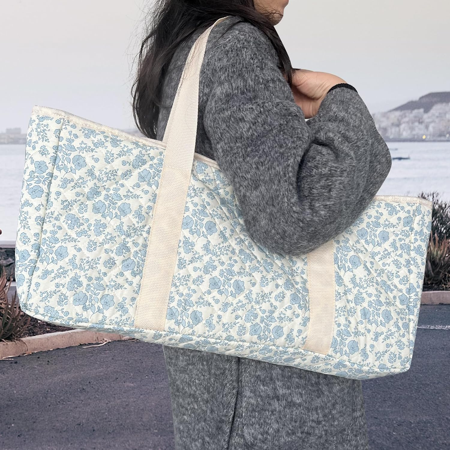 Mahjong Tile Set, American Mahjong Set with Floral Quilted Carrying Bag, 166 White Tiles, 4 All-in-one Mahjong Racks and Pushers, Dice etc Accessories for Beginners (Floral)